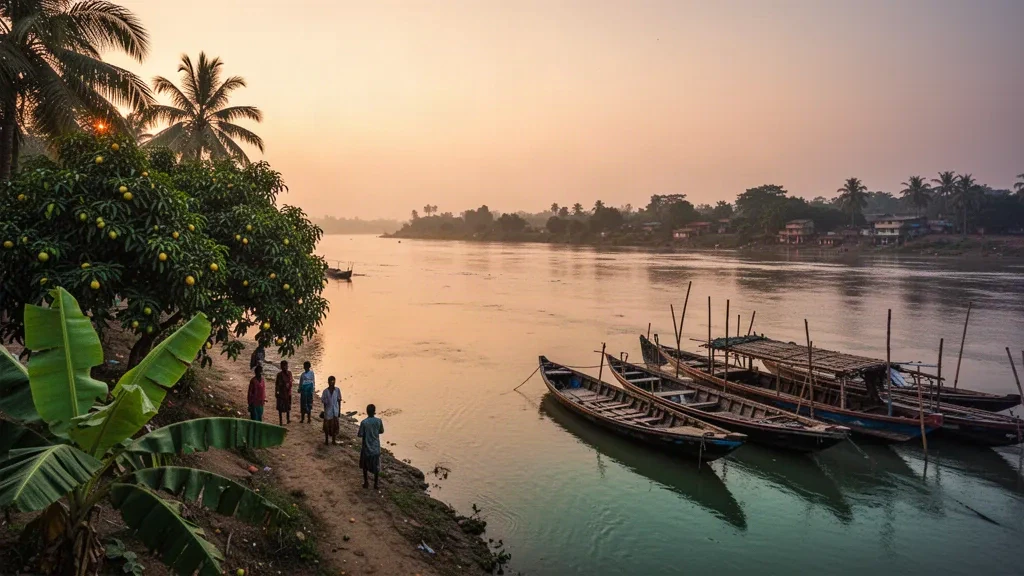Golden-hour view of the Padma River riverfront in Rajshahi, Bangladesh, with wooden boats and mango orchard greenery along the bank
