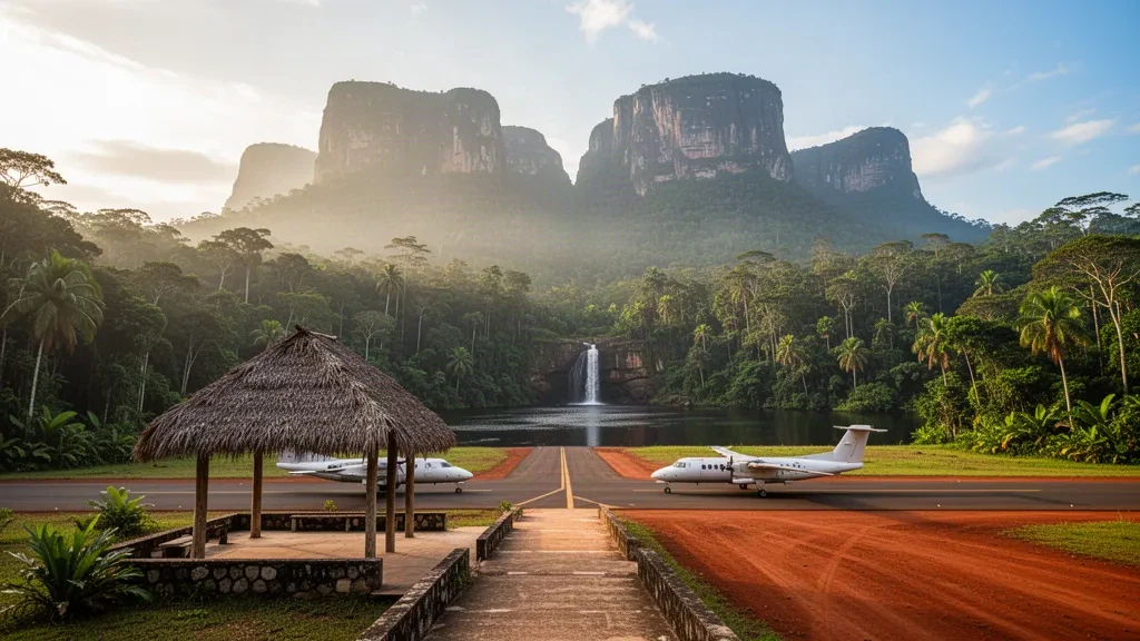 Kleines offenes Landebahn-Terminal am Flughafen Canaima in Venezuela, umgeben von Regenwald und Tafelbergen