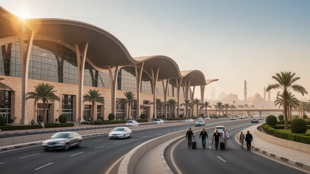 Esterno moderno del terminal in vetro e acciaio dell'aeroporto internazionale del Cairo con viali d'accesso alberati da palme sotto una calda luce dorata