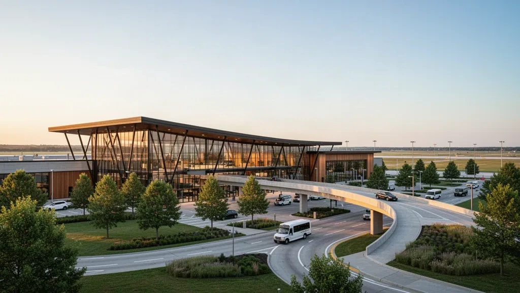 Extérieur moderne d'un terminal en verre et voies de dépose courbes à l'aéroport régional d'Akron-Canton dans l'Ohio à l'heure dorée