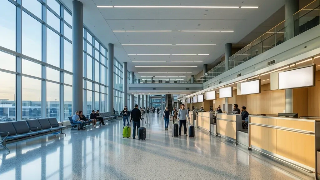 Sala check-in e partenze illuminata dal sole dell'Aeroporto Regionale di Akron-Canton a Green, Ohio, con viaggiatori e pareti in vetro