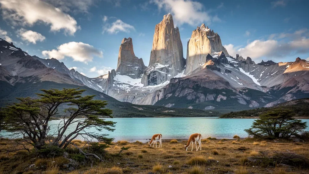 Patagonya Şili'sinde turkuaz bir buzul gölünün üzerinde yükselen Torres del Paine granit zirveleri, öğleden sonra geç saatlerin ışığı altında