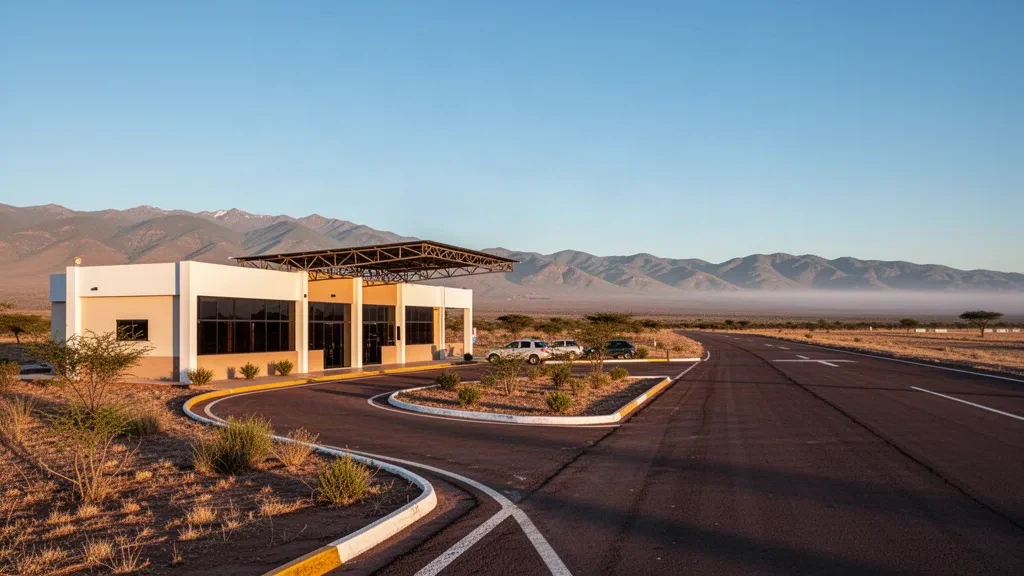 Pequeña terminal regional en el aeropuerto de Camiri, Bolivia, con paisaje seco del Chaco y montañas lejanas bajo la cálida luz del atardecer