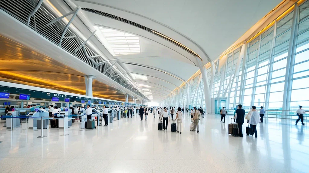 Bright departures hall inside Guangzhou Baiyun International Airport Terminal 2 with curved roof, check-in counters and travellers