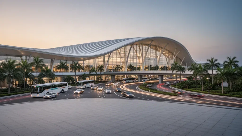 Exterior moderno de terminal de cristal con una amplia cubierta curva y carreteras elevadas de acceso en el Aeropuerto Internacional de Cantón Baiyun al atardecer