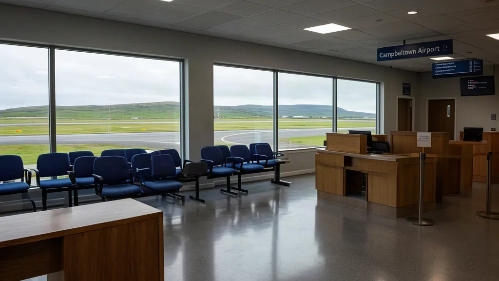 Vista interior de la pequeña terminal del aeropuerto de Campbeltown (CAL) en Escocia, con la zona de facturación y los asientos de la sala de embarque.