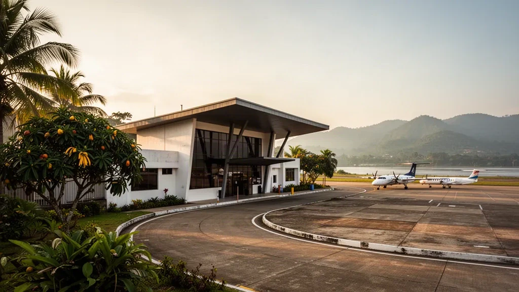 Modern terminal exterior and drop-off lane at Juan H White Airport in Caucasia, Colombia, lit by warm late afternoon light