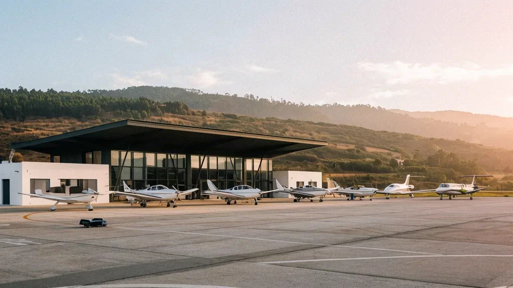 Low-slung terminal and light aircraft apron at Cascais Aerodrome near Lisbon, Portugal, in warm late-afternoon Atlantic light