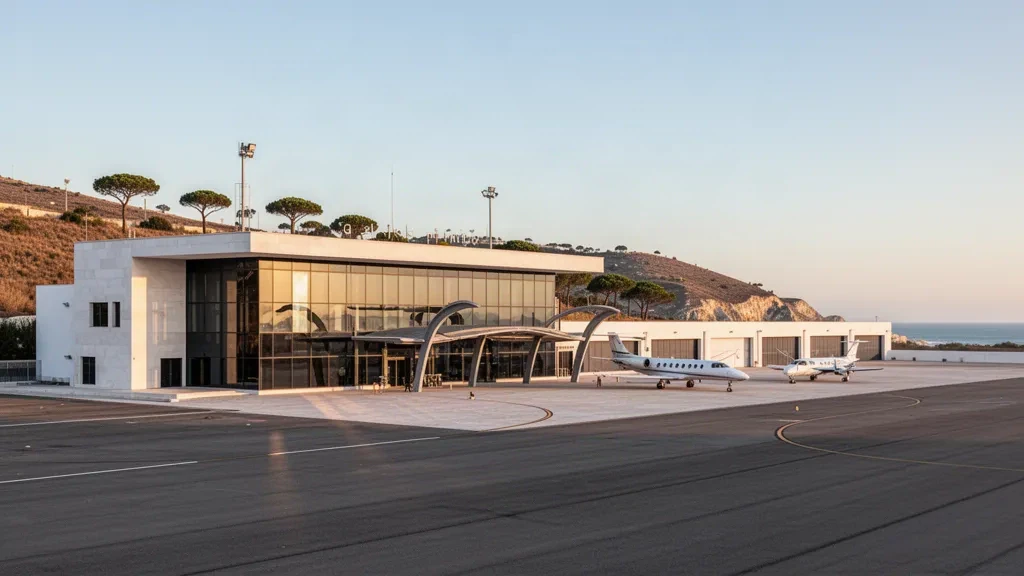 Terminal moderna de aviación general, hangares y jets privados estacionados en el aeródromo municipal de Cascais, Portugal, a la hora dorada