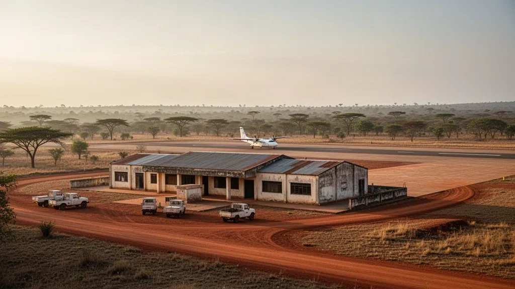 Angola'nın Moxico bölgesindeki Cazombo Havalimanı'nda sıcak akşamüstü ışığı altında küçük bir taşra terminal binası, apron ve kızıl toprak erişim yolu