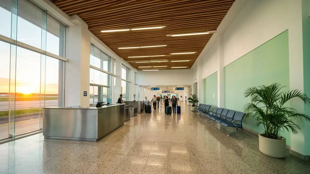 Luminosa hall del check-in all'interno dell'aeroporto di Caruaru in Pernambuco, Brasile, con sedute di attesa, pareti in vetro e passeggeri con bagagli.