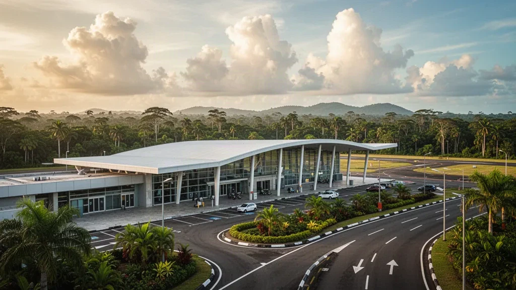 Modern glass terminal and tropical surroundings at Cayenne – Félix Eboué Airport in French Guiana under warm equatorial light