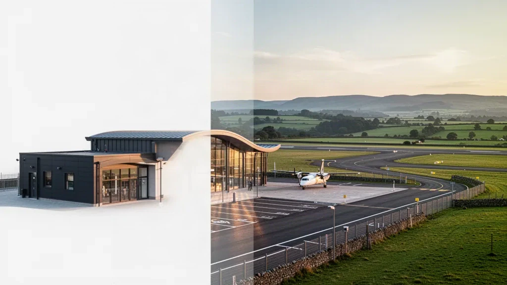 Moderno terminal in vetro all'aeroporto di Carlisle Lake District in Cumbria, circondato dalla verde campagna sotto una luce mattutina soffusa