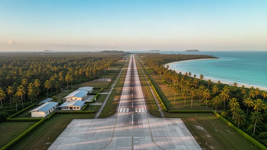 Aerial golden-hour view of the runway, palms and turquoise coastline at Car Nicobar Air Force Base in the Nicobar Islands.