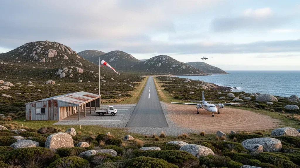 Remote island airstrip on Cape Barren Island in Bass Strait, Tasmania, with a windswept runway, coastal heath and distant sea at dawn
