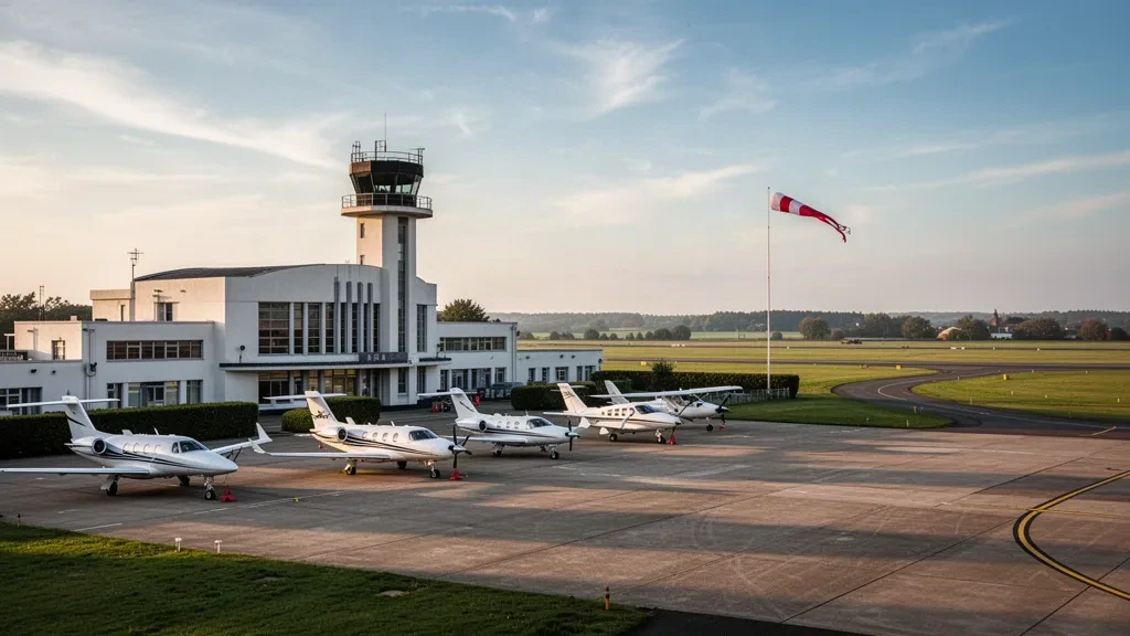 Terminal y plataforma del aeropuerto de Cambridge City a la hora dorada con aviones ligeros, hangares y una torre de control al fondo