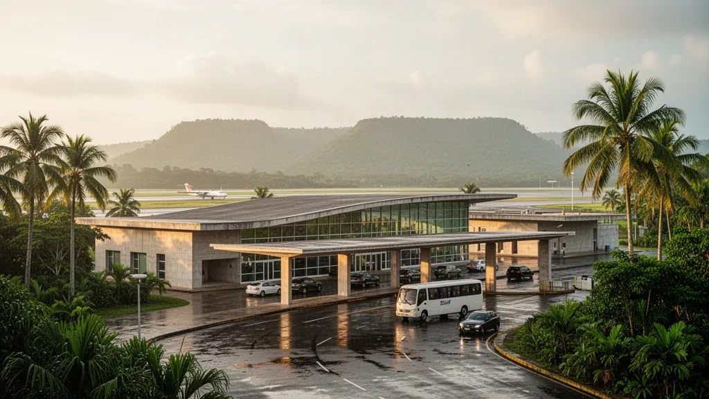 Tropical terminal building and palm-lined drop-off lane at General Tomás de Heres Airport in Ciudad Bolívar, Venezuela, at golden hour