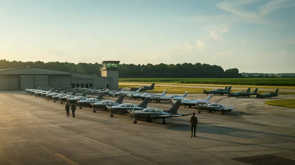Trainer aircraft lined up on the flight line beneath the control tower at Columbus Air Force Base in Mississippi