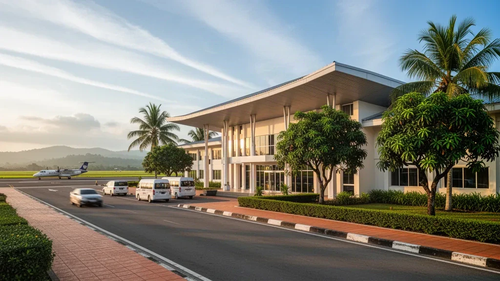 Tropical terminal exterior at Cotabato Awang Airport in the Philippines, surrounded by palm trees in warm late-afternoon light