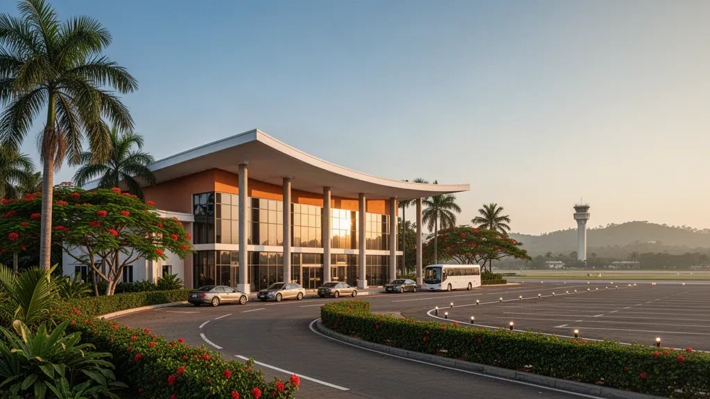 Tropical terminal exterior at Margaret Ekpo International Airport in Calabar with palm trees, drop-off lane and taxiway at golden hour