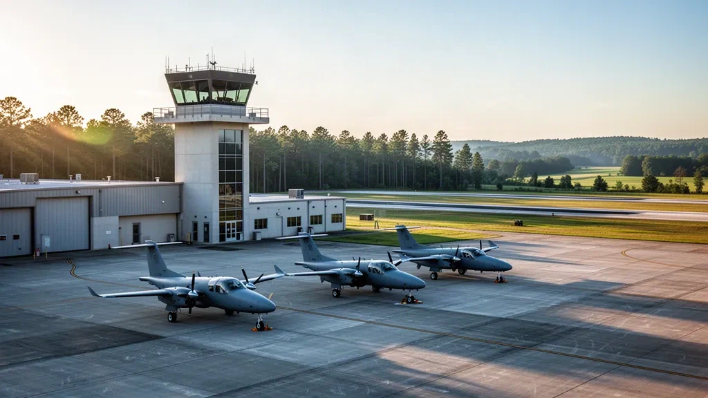 Jet da addestramento parcheggiati sul piazzale accanto alla torre di controllo della Base dell'Aeronautica Militare di Columbus, in Mississippi, durante l'ora d'oro