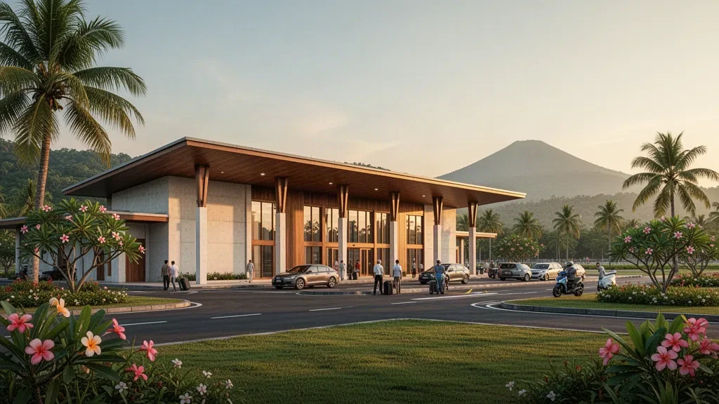 Cirebon, Batı Java'daki Cakrabhuwana Havalimanı'nda tropikal terminal ön avlusunun ve yolcu indirme şeridinin altın saat manzarası