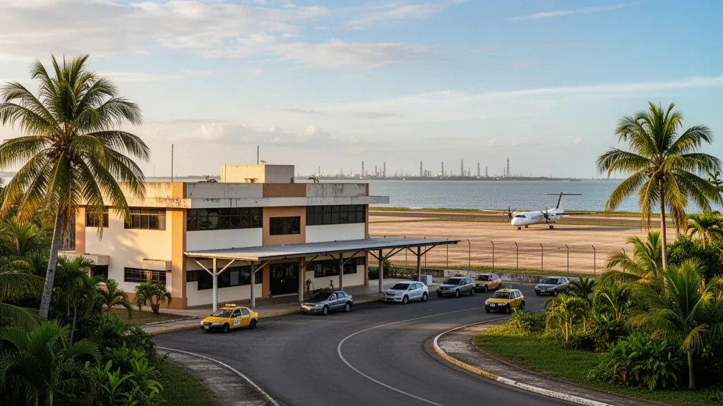 Venezuela, Cabimas yakınlarındaki Oro Negro Havalimanı'nın öğleden sonra geç saatlerdeki görünümü; alçak terminal binası, yolcu indirme şeridi ve Maracaibo Gölü kıyısındaki apronu gösteriyor.