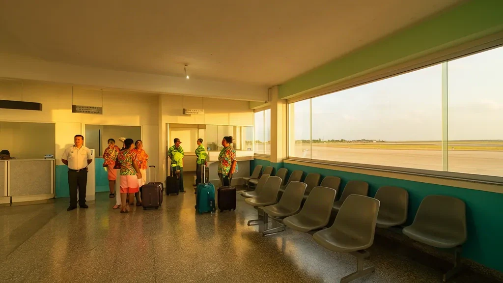 Venezuela, Cabimas'taki Oro Negro Havalimanı terminalinin içi; check-in gişeleri, bekleme koltukları ve sıcak tropikal gün ışığı