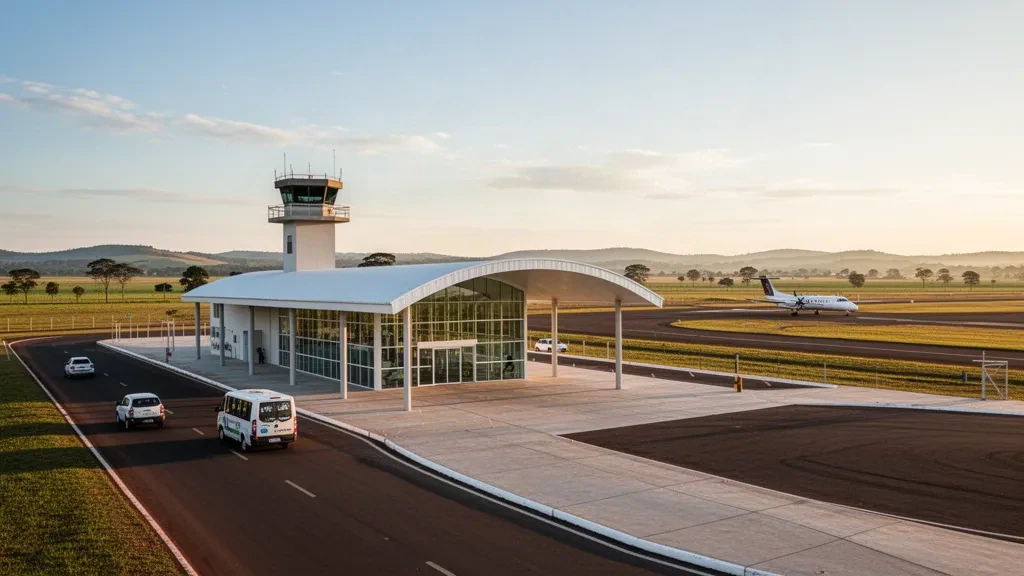 Modernes Glasterminal und Vorfahrtspur am Flughafen Campo Mourão in Paraná, Brasilien, beleuchtet von warmem Licht zur goldenen Stunde bei offenem Himmel.