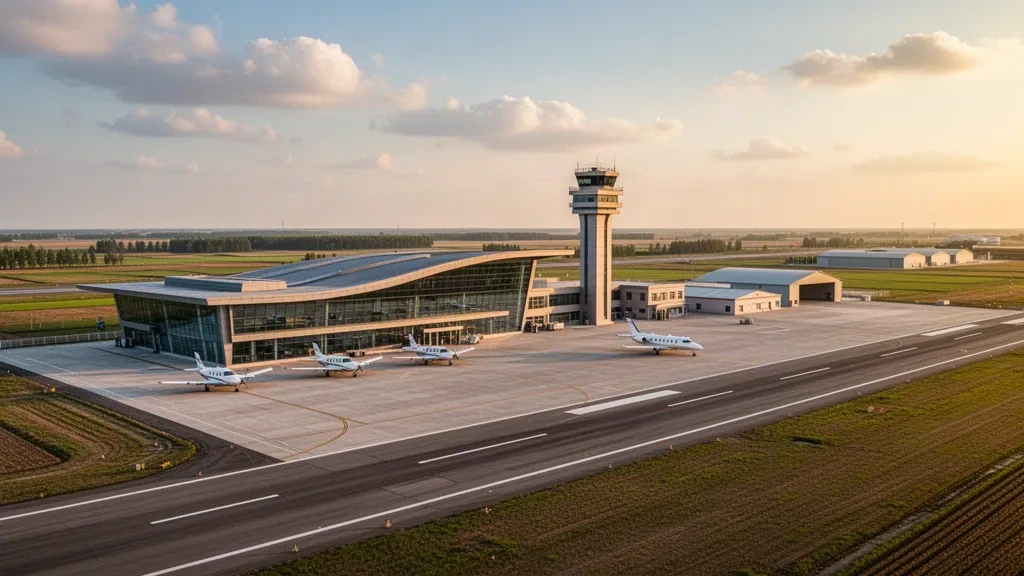 Modern terminal and runway at Binzhou Dagao General Aviation Airport in Shandong, China, with small aircraft under golden hour light.