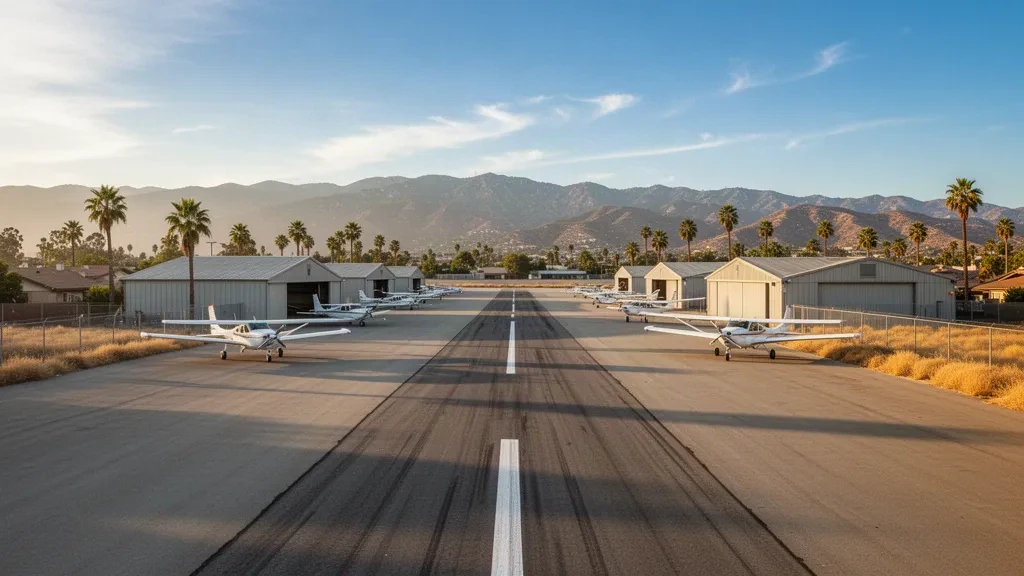 Einstrahliges Flugzeug, geparkt neben Hangars am Cable Airport in Upland, Kalifornien, mit sonniger Startbahn und den San Gabriel Mountains im Hintergrund.