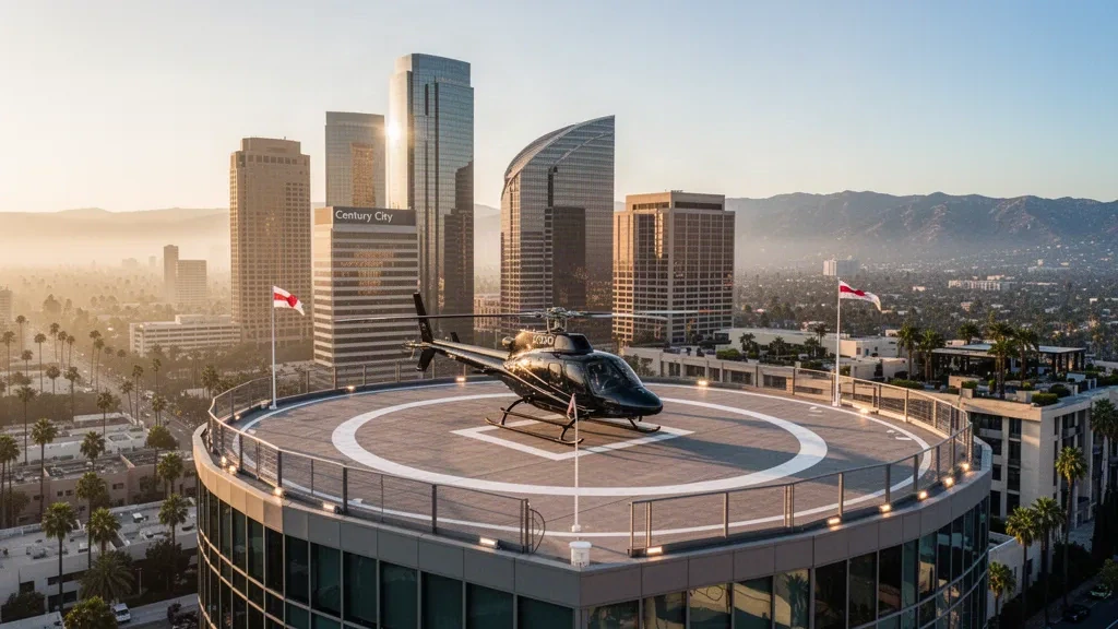 Héliport sur le toit à Century City, Los Angeles, avec un hélicoptère d'affaires sur l'aire d'atterrissage et des tours de verre à l'heure dorée