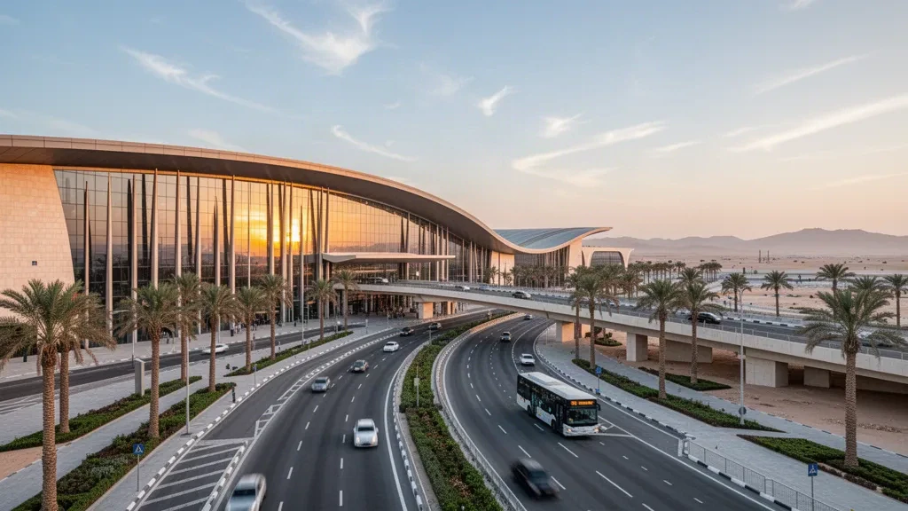 Terminal moderna de cristal y carriles de descenso en el Aeropuerto Internacional Capital, en la Nueva Capital Administrativa de Egipto, durante la hora dorada.