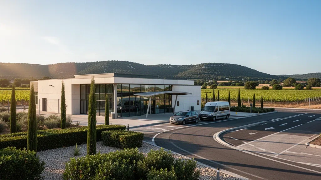 Extérieur moderne du terminal en verre et voie de dépose à l'aéroport de Carcassonne Salvaza dans le sud de la France, encadrés par des cyprès et des vignobles ensoleillés