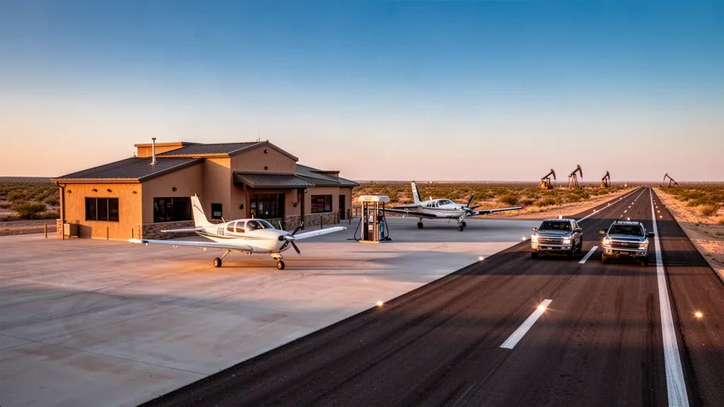 Kleines Vorfeld für die allgemeine Luftfahrt, einstöckiges Terminal und Wüstenlandebahn am Crane County Airport in Westtexas bei Sonnenuntergang.