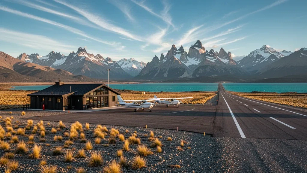 Pequeña terminal patagónica y pista en el Aeropuerto Chile Chico con los Andes nevados y el Lago General Carrera a lo lejos