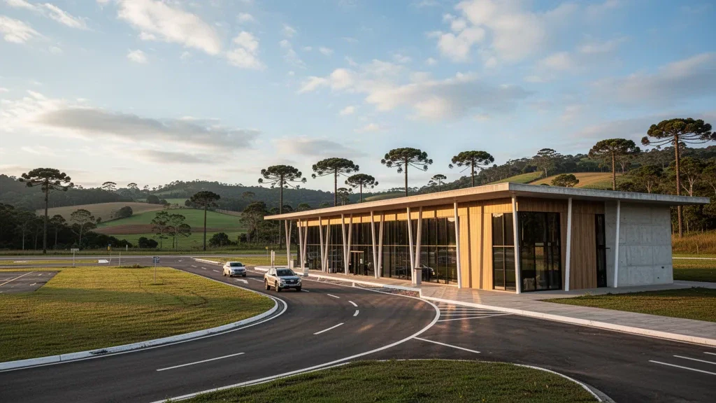 Modernes Glas-Terminal und Vorfahrtspur am Flughafen Olavo Cecco Rigon in Concórdia, Südbrasilien, in goldenes Abendlicht getaucht