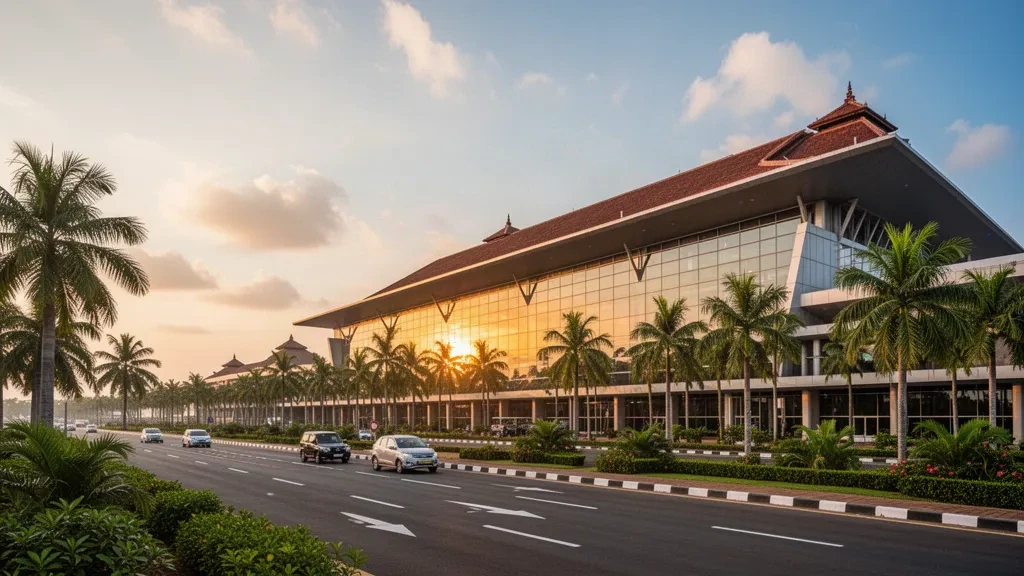 Bâtiment terminal moderne en verre de l'aéroport international de Calicut au Kerala, en Inde, avec des palmiers et une voie de dépose à l'heure dorée.