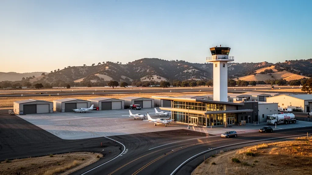 Golden-hour view of Buchanan Field Airport in Concord, California, with its control tower, hangars and light aircraft on the apron.