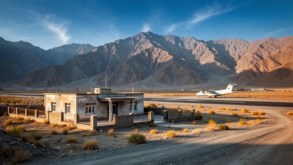 Afganistan'ın Ghor Vilayeti'ndeki Chaghcharan Havalimanı'nda mütevazı terminal ve dağlarla çevrili pist, berrak yüksek irtifa gün ışığı altında.