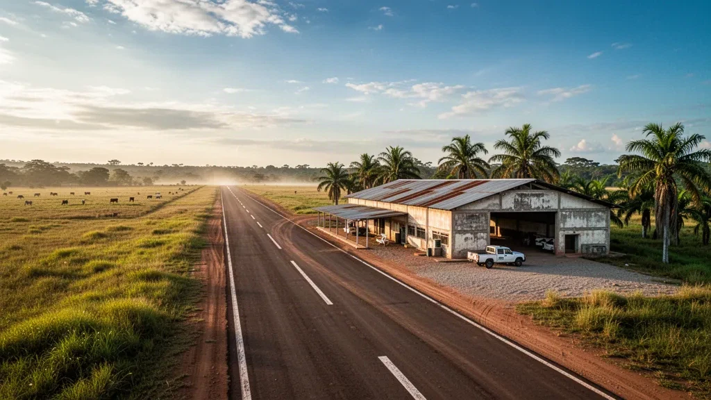 Pista di atterraggio rurale e piccolo terminal all'Aeroporto di Carimagua nella savana dei Llanos colombiani, fotografati durante l'ora d'oro