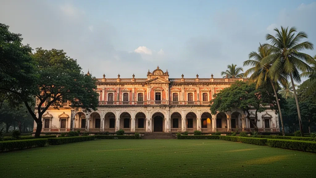 Storico Palazzo Tajhat a Rangpur, Bangladesh, con la sua facciata color crema a colonne e i prati verdi del giardino nella calda luce pomeridiana.