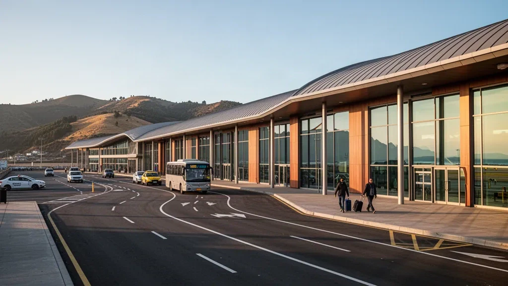Şili'nin Concepción kenti yakınlarındaki Carriel Sur Uluslararası Havalimanı'nda altın saat ışığında modern cam terminal ve kaldırım kenarı bırakma şeritleri