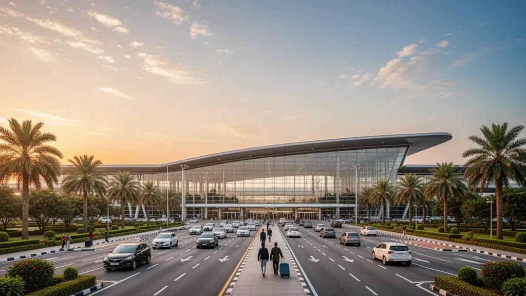 Esterno moderno del terminal in vetro dell'aeroporto internazionale Netaji Subhash Chandra Bose a Kolkata durante l'ora d'oro, con linee architettoniche pulite e luce calda