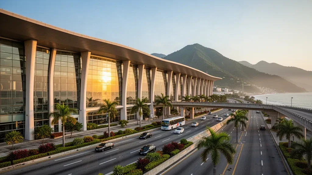 Terminal moderne en verre et voies de dépose à l'aéroport international Simón Bolívar de Maiquetía avec le littoral des Caraïbes à l'heure dorée