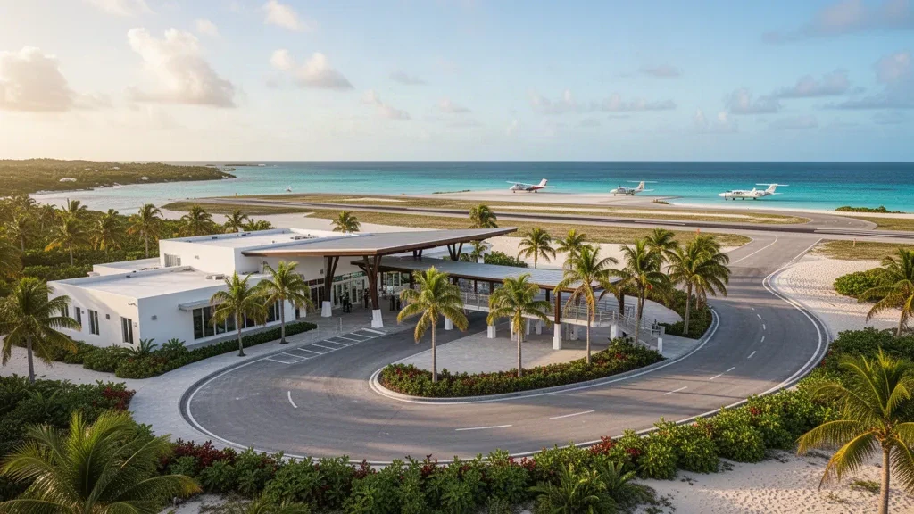 Modernes tropisches Terminal und Startbahn am Flughafen Chub Cay auf den Bahamas, mit türkisfarbenem Wasser, Palmen und hellem Licht zur goldenen Stunde.