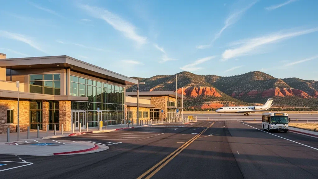 Modernes Terminaläußeres und Zufahrtsstraße am Cedar City Regional Airport in Utah mit rotem Felsgebirge zur goldenen Stunde.