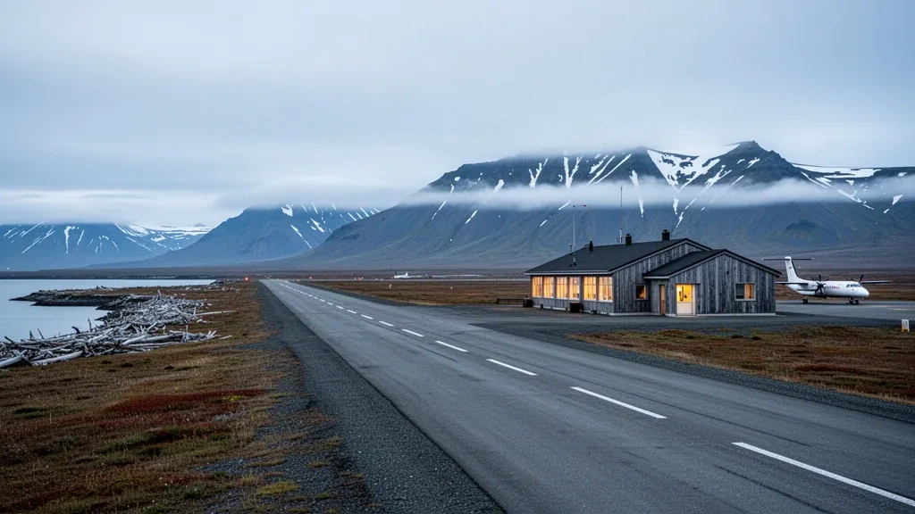 Bâtiment terminal de l'aéroport isolé de Cold Bay et longue piste sur la toundra de la péninsule de l'Alaska sous des pics volcaniques lointains