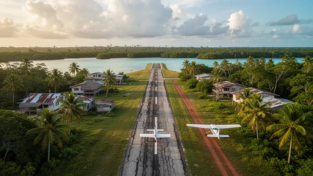Abgelegene Start- und Landebahn am Flughafen Cauquira in Honduras, umrahmt von Palmen, Dschungel und der Caratasca-Lagune in warmem tropischem Licht.