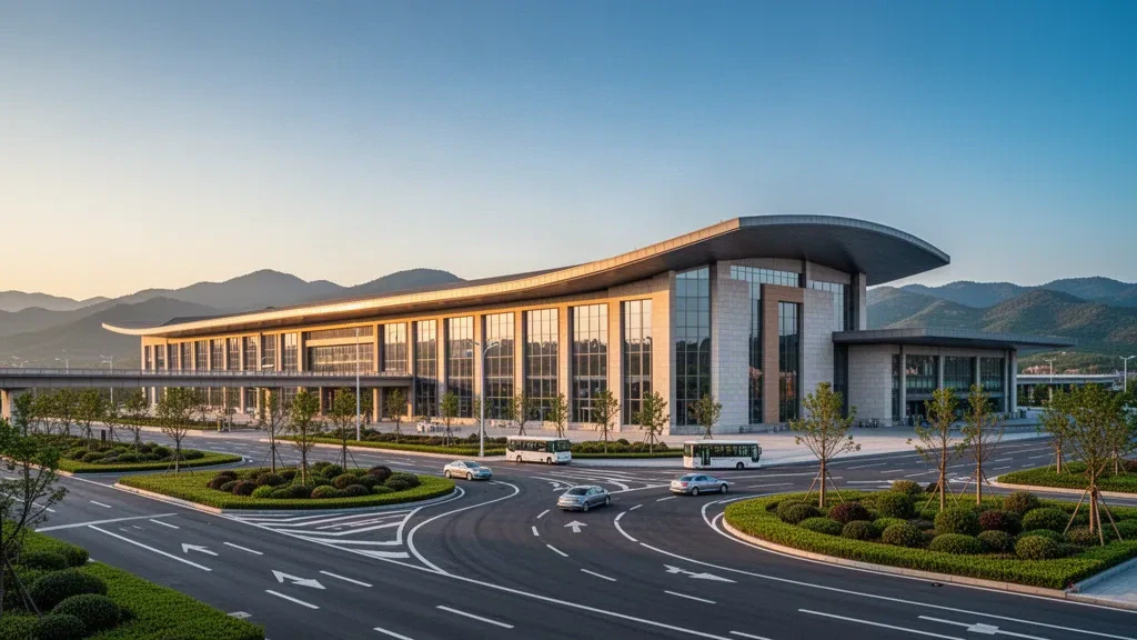 Hebei'deki Chengde Puning Havalimanı'nda modern terminal binasının dış cephesi ve erişim yolu, altın saatte uzaktaki tepelerle çerçevelenmiş
